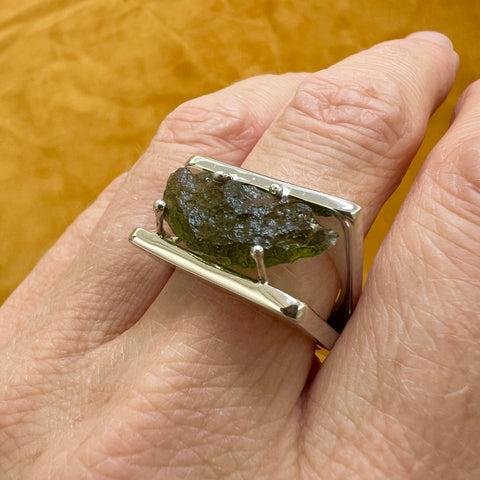 Sterling Silver Geometric Moldavite Ring - Size 8