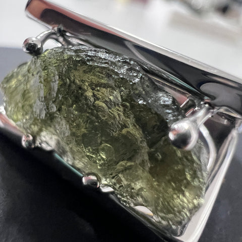 Sterling Silver Geometric Moldavite Ring - Size 8