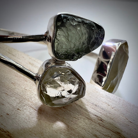 Sterling Silver Moldavite Open Cuff Bracelet with Herkimer Diamond & LDG | 0.7g | Marouskovo Pole