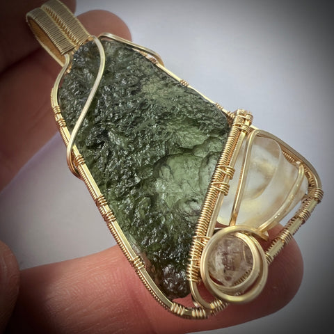 Gold Moldavite, LDG & Herkimer Pendant | 8.11g | Marouskovo Pole