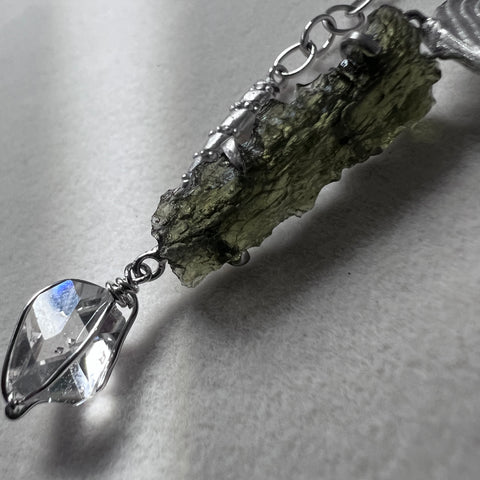 Sterling Silver Moldavite & Herkimer Diamond Necklace | 1.17g | Maly Chlum