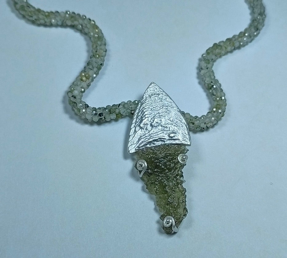 Exquisite Moldavite Necklace with a Beaded Prehnite Chain