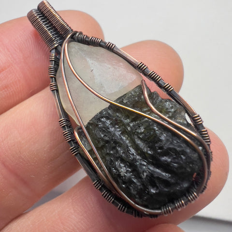 Moldavite & Libyan Desert Glass Pendant - Copper Wrap