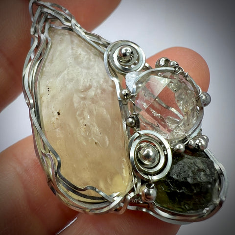 Moldavite, Herkimer & LDG Pendant | 1.48g | Vrabce