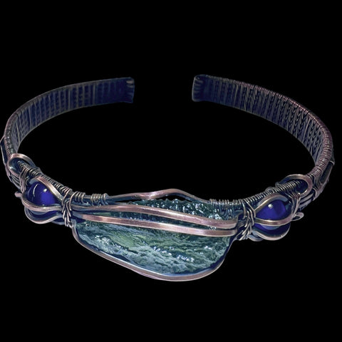 Moldavite & Amethyst Copper Bracelet | 1.82g | Maly Chlum