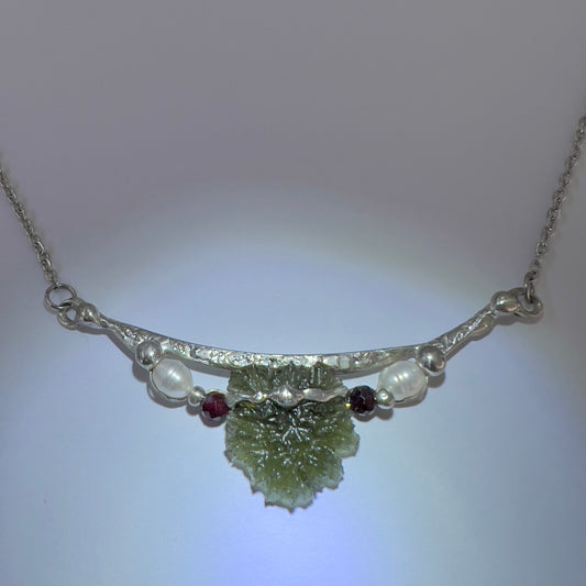 Soft Soldered Pewter & Freshwater Pearl" Moldavite Pendant | 1.9g | Maly Chlum