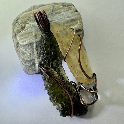 Moldavite, LDG & Herkimer Diamond Copper Pendant | 3.61g | Chlum