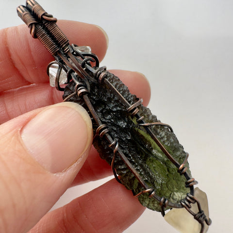Moldavite, LDG & Herkimer Diamond Copper Pendant | 8.26g | Marouskovo Pole