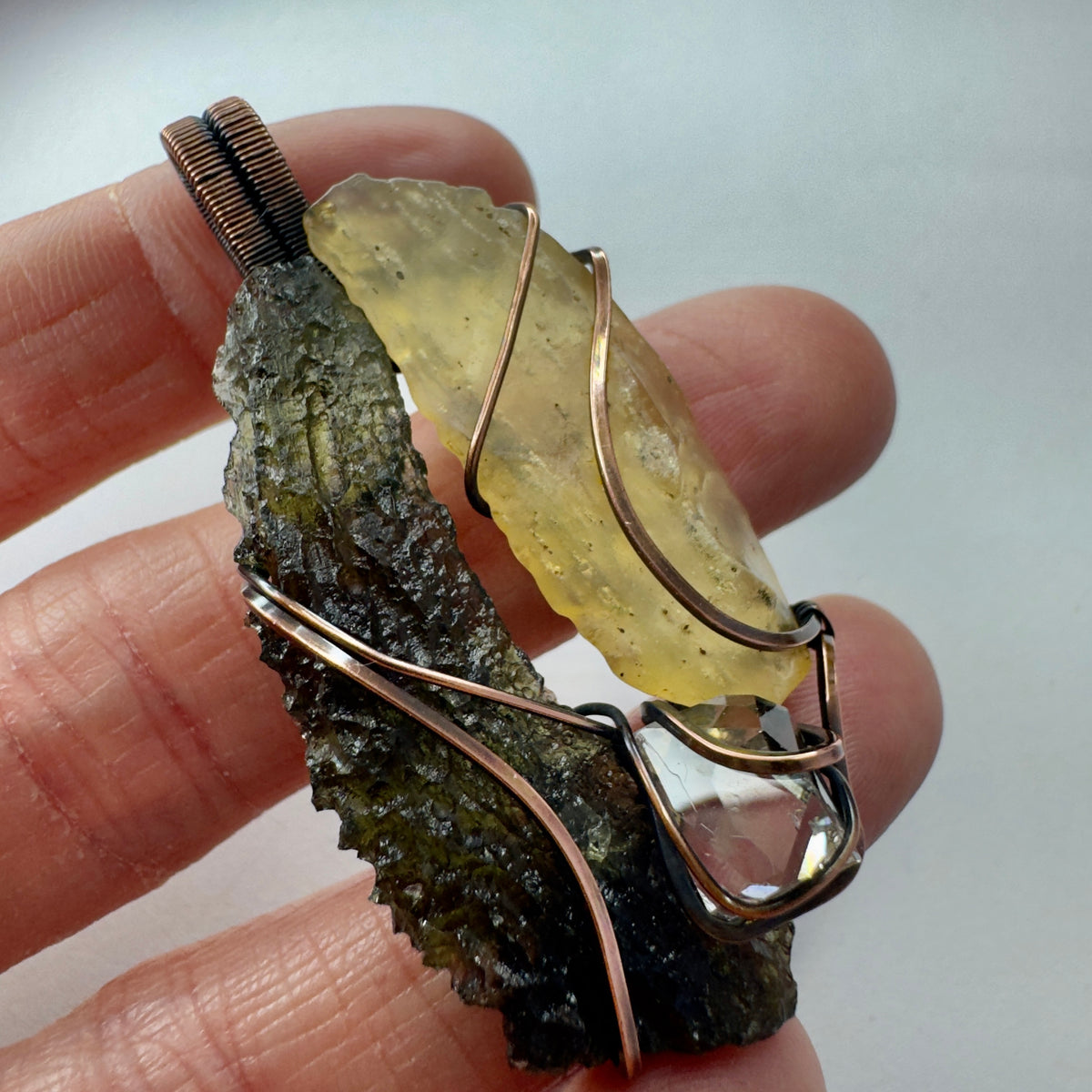 Moldavite, LDG & Herkimer Diamond Copper Pendant | 3.61g | Chlum