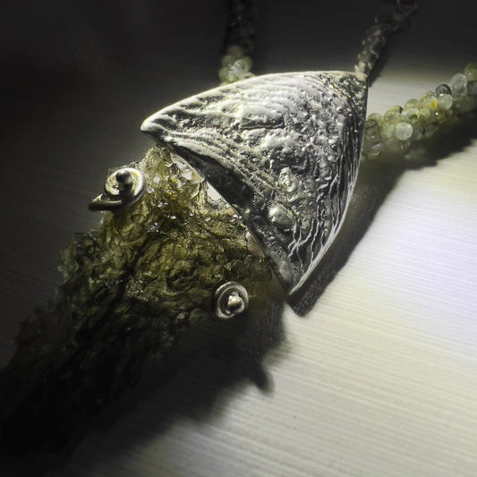 Exquisite Moldavite Necklace with a Beaded Prehnite Chain