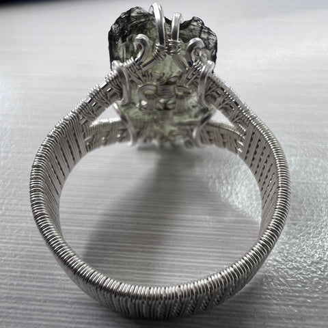 Moldavite Wire Wrapped Silver Ring Size 10.5| 0.9g | Chlum