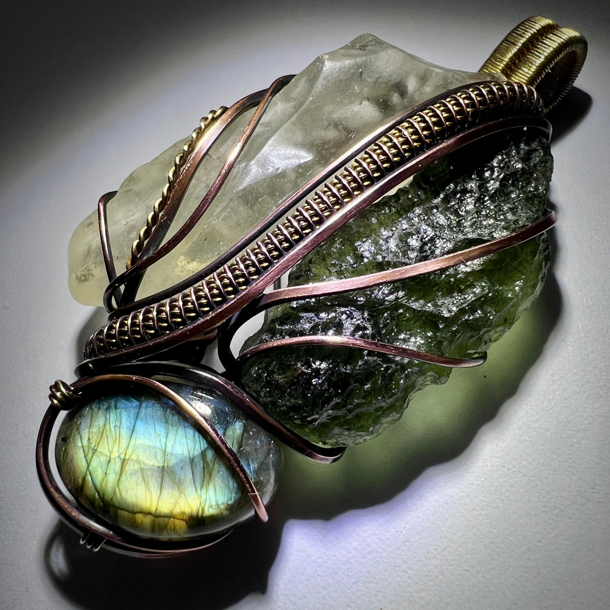 Moldavite, Libyan Desert Glass & Labradorite Pendant - Copper & Brass Wrap