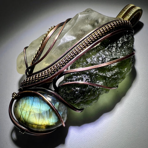 Moldavite, Libyan Desert Glass & Labradorite Pendant - Copper & Brass Wrap