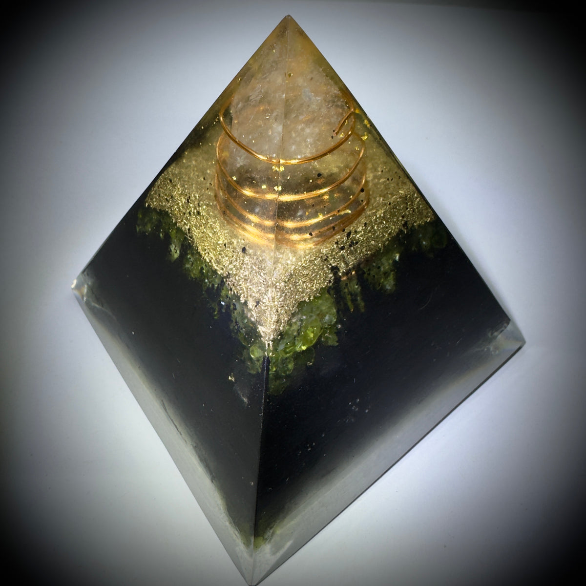 Orgone Generator Pyramid - Moldavite, Copper Spirals, Shungite, Olivine & Quartz | 75mm | Chlum