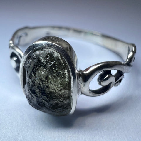 Ornate Moldavite Ring in Sterling Silver – Size 8.5