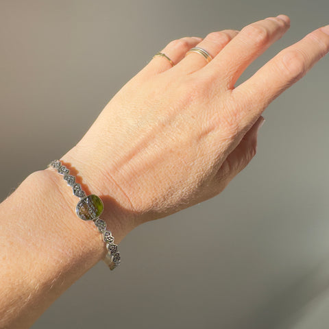 Moldavite Heart Set Bracelet in Sterling Silver