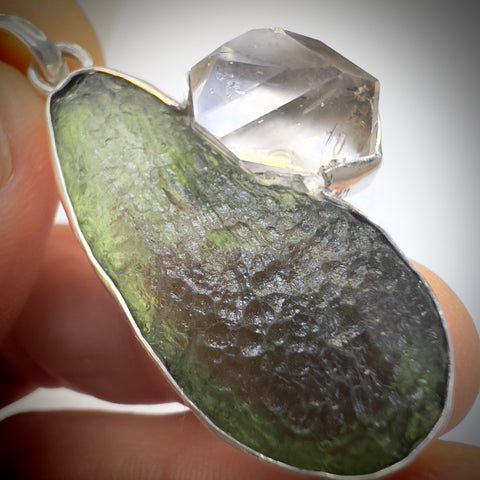 Moldavite & Herkimer Silver Pendant | 5.6g | Vrabce