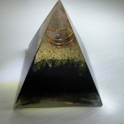 Orgone Generator Pyramid - Moldavite, Copper Spirals, Shungite, Olivine & Quartz | 75mm | Chlum