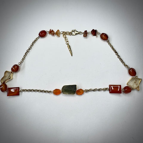 Gold Plated Moldavite, Carnelain & Libyan Desert Glass Necklace | 1.6g | Chlum