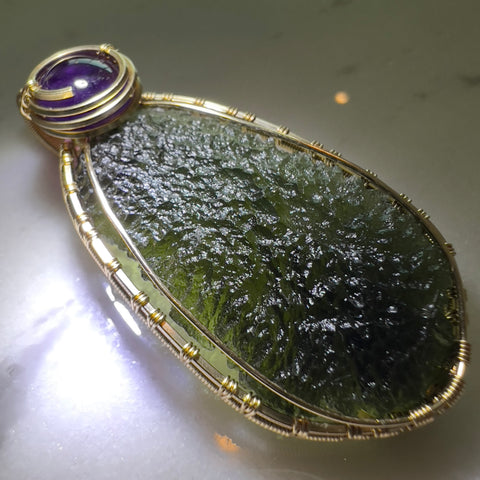 14k Gold-Fill Moldavite & Amethyst pendant - 10.49g.