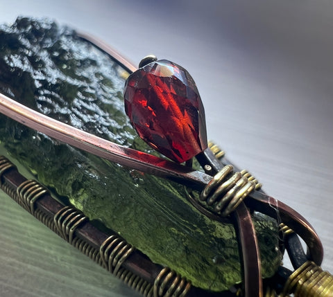 Moldavite Copper/Brass pendant with Garnet Acccents