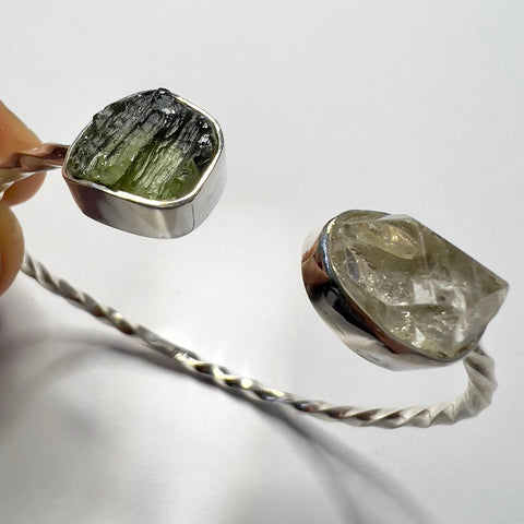 Moldavite & Herkimer Diamond Twisted Sterling Silver Bracelet