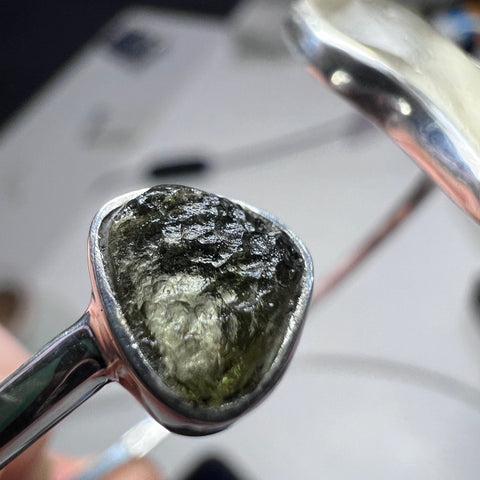 Moldavite & Libyan Desert Glass Open Bracelet in Sterling Silver