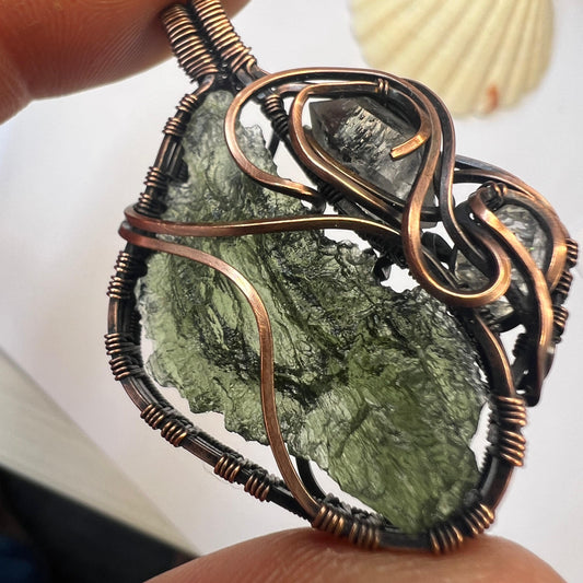3.03g Double Herkimer and Copper Moldavite Pendant