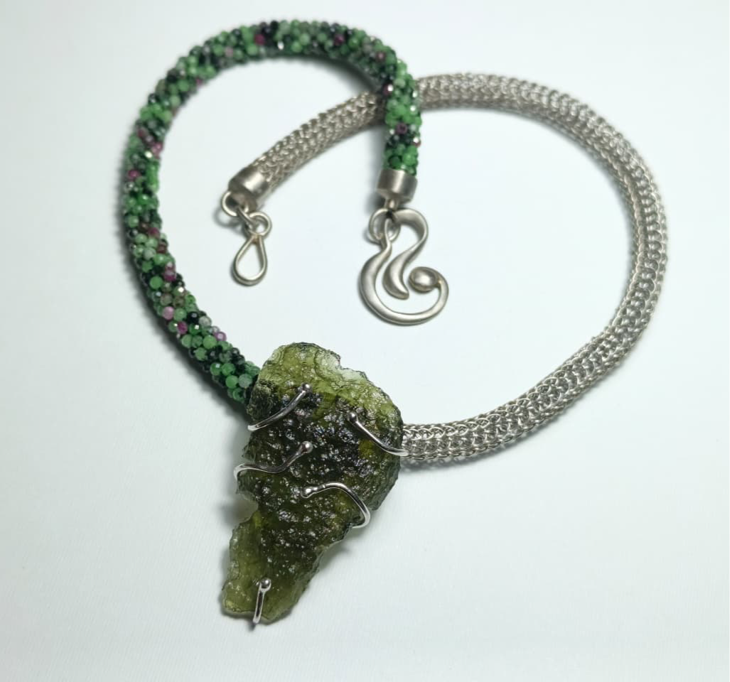 Exclusive Woven Silver Wire and Green Beaded Moldavite Necklace