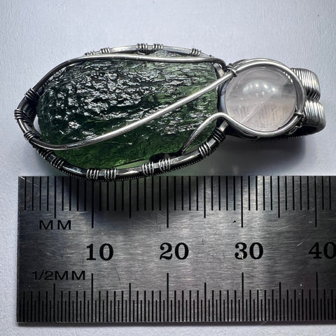 Moldavite and Rose Quartz Sterling Silver Pendant | 3.58g | Marouskovo Pole