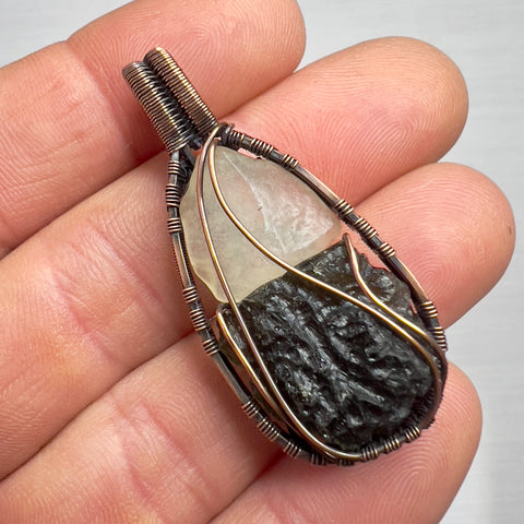 Moldavite & Libyan Desert Glass Pendant - Copper Wrap
