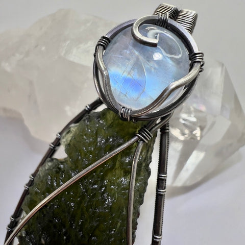 Moldavite & Moonstone Sterling Silver Pendant | 4.84g | Chlum