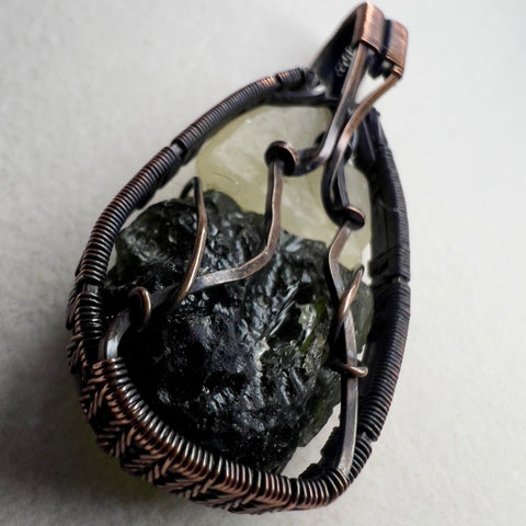 Moldavite & Libyan Desert Glass Pendant - Copper Wrap