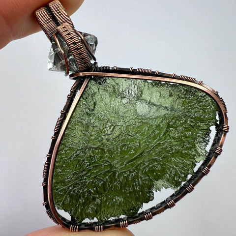 Moldavite & Herkimer Diamond Copper Wrapped Pendant – 10.62g