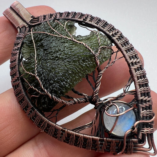 Moldavite & Moonstone Copper Tree of Life Pendant | 9.11g | Chlum