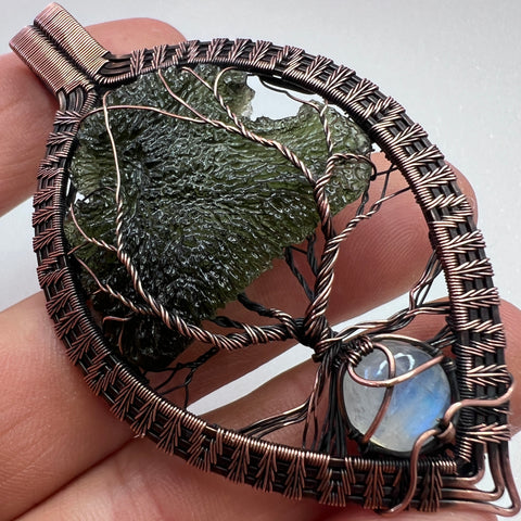 Moldavite & Moonstone Copper Tree of Life Pendant | 9.11g | Chlum
