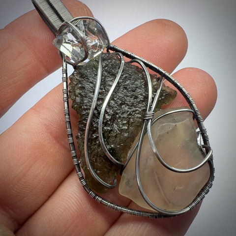 Silver Moldavite, LDG & Herkimer pendant | 4.66g | Chlum