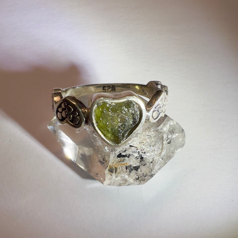 Sterling Silver Moldavite Heart Ring - Size 8