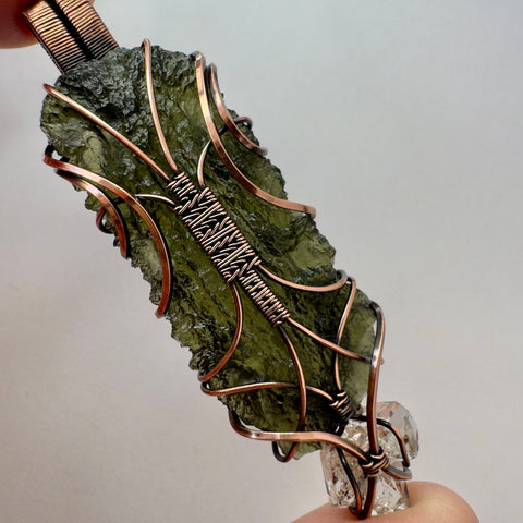 Moldavite & Herkimer Diamond Copper Pendant | 7.4g | Marouskovo Pole