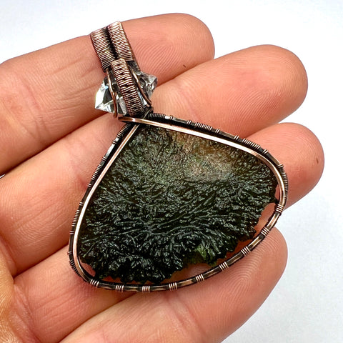 Moldavite & Herkimer Diamond Copper Wrapped Pendant – 10.62g