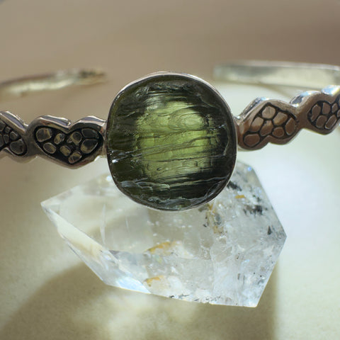 Moldavite Heart Set Bracelet in Sterling Silver