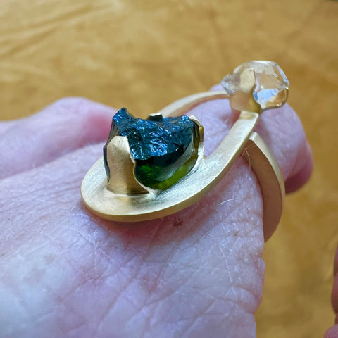 One-of-a-Kind Artisan Design Moldavite & Herkimer Gold Plated Ring - Size 7