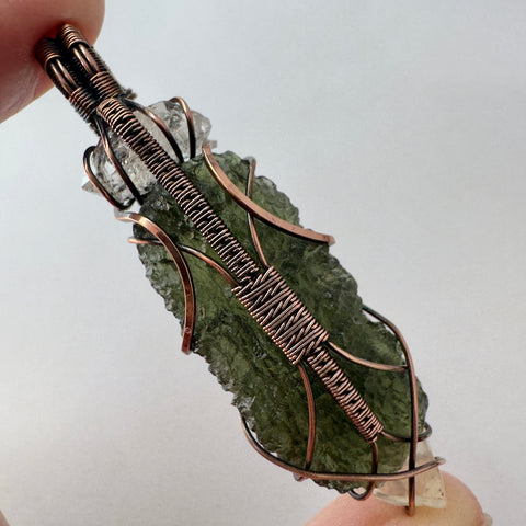 Moldavite, LDG & Herkimer Diamond Copper Pendant | 8.26g | Marouskovo Pole
