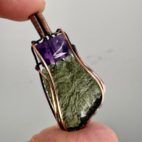 Moldavite & Amethyst Copper Pendant | 3.93g | Marouskovo Pole