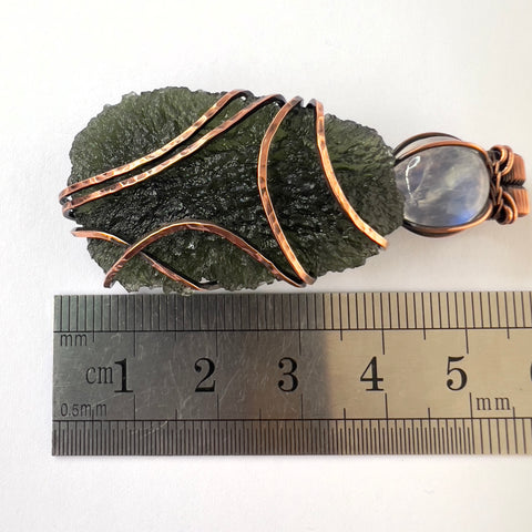 Antique Copper Wrapped Chlum Moldavite &amp; Moonstone Pendant – 9.5g