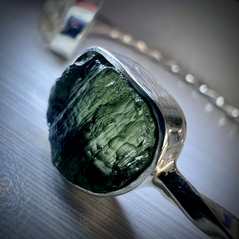 Moldavite & Herkimer Diamond Twisted Sterling Silver Bracelet