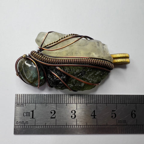 Moldavite, Libyan Desert Glass & Labradorite Pendant - Copper & Brass Wrap