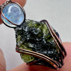 Moldavite & Moonstone Pendant - Copper Wrap