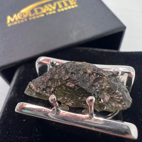 Sterling Silver Geometric Moldavite Ring - Size 8