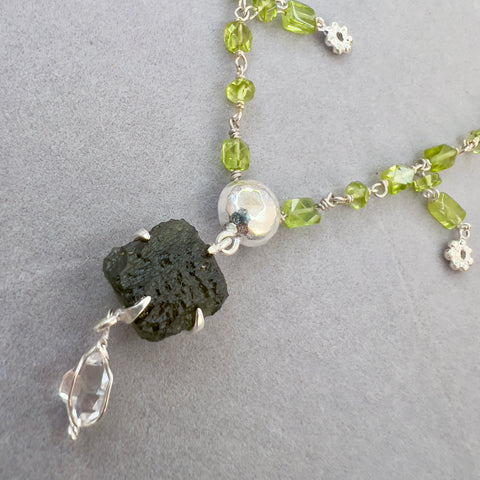 Beautiful Jasper & Peridot Beaded Moldavite Necklace